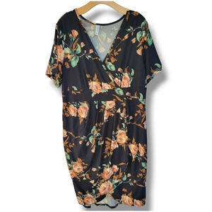 Poseshe Plus Size 2XL Black Floral Wrap Bodycon Dress Short Sleeve V-Neck